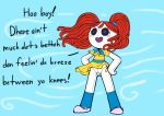  2019 animate_inanimate blue_background blush bottomless button_eyes clothed clothing dialogue doll dress english_text eyelashes female footwear hair hands_on_hips humanoid legwear living_doll not_furry open_mouth outta_sync pussy red_hair rubilocks shoes simple_background smile solo stockings text wind 