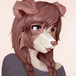  1:1 2019 anthro australian_shepherd blep brown_fur brown_hair canid canine canis clothed clothing digital_media_(artwork) domestic_dog female floppy_ears fur hair herding_dog heterochromia hi_res lapinou long_hair mammal pastoral_dog sheepdog simple_background smile solo tongue tongue_out white_fur 