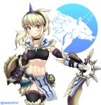  1girl artist_name black_choker black_tank_top blonde_hair blush breasts choker crop_top cropped_legs elbow_gloves eyebrows_visible_through_hair fur_trim gloves hairband horn kirin_(armor) kirin_(monster_hunter) logo looking_at_viewer medium_breasts midriff monster_hunter monster_hunter:_world navel pink_eyes ponytail shield simple_background sleeveless solo souichitei sword thighhighs weapon 