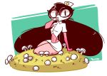  2019 anthro biped black_hair blouse bottomwear breasts clothing digital_media_(artwork) diives eating eyelashes eyewear female food fungus glasses gū hair holding_food holding_object looking_at_viewer mushroom nurse pink_scales reptile scales scalie signature sitting skirt slit_pupils small_breasts snake solo thick_thighs xingzuo_temple 