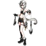  1girl animal_ear_fluff animal_ears arknights armband armpits bandeau bangs bare_shoulders belt black_bandeau black_footwear black_gloves black_hair black_legwear black_shorts boots breasts buckle cliffheart_(arknights) closed_mouth collarbone full_body fur-trimmed_boots fur_trim gloves grey_eyes hair_between_eyes hair_ribbon hat holding holding_kusarigama holding_weapon jacket jewelry kusarigama leopard_ears leopard_tail long_hair looking_at_viewer midriff navel necklace open_clothes open_jacket ribbon ryuuzaki_ichi short_hair short_shorts shorts sickle sidelocks single_sock single_thighhigh sleeveless_jacket small_breasts smile socks solo stomach tachi-e tail thigh_strap thighhighs transparent_background tress_ribbon weapon white_hair white_legwear 