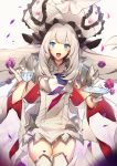  1girl :d armor armored_dress blue_eyes cowboy_shot cup dress eyebrows_visible_through_hair fate/grand_order fate_(series) flower gloves grey_background hair_flower hair_ornament hat highres holding holding_cup holding_saucer large_hat long_hair looking_at_viewer marie_antoinette_(fate/grand_order) no-kan open_mouth petals pinky_out rose rose_petals saucer short_dress silver_hair sleeveless sleeveless_dress smile solo teacup thigh_gap thighhighs twintails white_dress white_gloves white_headwear white_legwear zettai_ryouiki 
