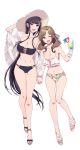  2girls :d ;d ane_naru_mono bangs bare_shoulders bikini black_bikini black_hair blue_nails blunt_bangs braid breasts brown_hair chiyo_(ane_naru_mono) cleavage collarbone commentary_request creator_connection cross-laced_bikini_top cup drink drinking_glass drinking_straw eyebrows_visible_through_hair floral_print flower full_body hand_on_headwear hat highres holding holding_cup holding_hands horizontal_pupils interlocked_fingers large_breasts long_hair looking_at_viewer multiple_girls navel one_eye_closed oosuki_mamako open_mouth pochi_(pochi-goya) print_bikini_bottom red_eyes simple_background smile stomach sun_hat swimsuit toenail_polish tsuujou_kougeki_ga_zentai_kougeki_de_ni-kai_kougeki_no_okaasan_wa_suki_desu_ka? very_long_hair white_background white_bikini_top 