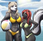  2019 anthro badger ball beach_ball breasts clothing duo fairdahlia female hi_res holding_ball holding_object looking_at_viewer mammal mephitid muscular muscular_female mustelid musteline navel open_mouth skunk smile swimwear 