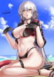  1girl ahoge bangs beach bikini black_bikini black_choker black_gloves black_jacket blue_sky blush breasts choker cleavage cropped_jacket fate/grand_order fate_(series) gloves hair_between_eyes high_heels highres jacket jeanne_d&#039;arc_(alter_swimsuit_berserker) jeanne_d&#039;arc_(fate)_(all) kurosawa_(hjkl42332) large_breasts long_hair looking_at_viewer navel o-ring o-ring_bikini open_mouth red_legwear shrug_(clothing) silver_hair single_thighhigh sky solo sun sunlight swimsuit thighhighs thighs very_long_hair yellow_eyes 