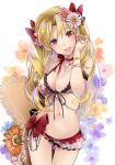 1girl akatsuki_hijiri bangs bikini blonde_hair breasts choker cleavage commentary_request cowboy_shot earrings ereshkigal_(fate/grand_order) fate/grand_order fate_(series) floral_background flower frilled_bikini frills hair_flower hair_ornament hat heart_pendant holding holding_hat infinity jewelry large_breasts long_hair navel necklace open_mouth parted_bangs red_choker red_eyes red_ribbon ribbon solo sun_hat swimsuit two-tone_bikini two_side_up white_background 