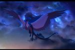  2018 ambiguous_gender black_bars claws cloud dawn_(disambiguation) detailed_background dragon feathered_dragon feathered_wings feathers feral flying hi_res night outside skaydie sky solo wings 
