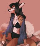  absurd_res anthro black_hair black_nose bra breasts canid captyns cleavage clothed clothing female fur hair hi_res jewelry long_hair mammal necklace simple_background solo underwear 