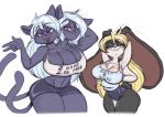  anthro big_breasts breasts chest_tuft cleavage clothed clothing felid feline female joelasko lagomorph leporid mammal multi_arm multi_breast multi_head multi_limb multi_tail rabbit text tuft wide_hips 