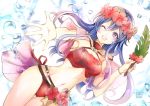  atoatto bikini blue_eyes blue_hair blush fire_emblem fire_emblem:_the_binding_blade fire_emblem_heroes flower lilina long_hair looking_at_viewer navel one_eye_closed open_mouth smile solo swimsuit 