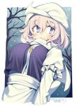  1girl artist_name blue_eyes blush breasts closed_mouth dated eyebrows_visible_through_hair iroyopon large_breasts letty_whiterock long_sleeves looking_at_viewer short_hair signature silver_hair smile snow snowing solo touhou tree upper_body white_headwear 