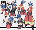  1boy arm_up baggy_pants black_gloves blue_eyes blue_hair character_name chest closed_eyes coat expressions galo_thymos gloves male_focus open_mouth ottonttn pants promare shirtless sitting smile spiked_hair stretch 