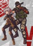 1boy 1girl ahoge assault_rifle bandana beard boots brown_hair camouflage camouflage_jacket camouflage_pants crossover emblem english_text eyepatch facial_hair fingerless_gloves flashlight gentiane_(girls_frontline) girls_frontline gloves gun handgun highlights highres knee_pads mechanical_arm metal_gear_(series) metal_gear_solid_v multicolored_hair pants persocon93 red_eyes red_hair rifle scar scar_across_eye silver_hair suppressor tactical_clothes venom_snake weapon 