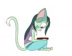  anthro barbadosslim book breasts clothed clothing domestic_cat dreamkeepers felid feline felis female fur green_fur green_hair hair lilith_calah mammal purple_eyes reading simple_background solo white_background 
