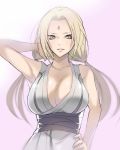  1girl armpits blonde_hair breasts cleavage collarbone facial_mark floating_hair forehead_mark hand_on_hip japanese_clothes kimono large_breasts long_hair looking_at_viewer naruto naruto_(series) obi parted_lips sash sleeveless sleeveless_kimono smile solo tsunade twintails upper_body very_long_hair white_background white_kimono yae_chitokiya yellow_eyes 