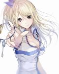  1girl blonde_hair blue_bow blurry bow breasts brown_eyes cleavage collarbone collared_shirt depth_of_field fairy_tail floating_hair hair_between_eyes hair_bow index_finger_raised key long_hair looking_at_viewer lucy_heartfilia medium_breasts shirt side_ponytail simple_background sleeveless sleeveless_shirt solo upper_body very_long_hair white_background white_shirt wing_collar yae_chitokiya 