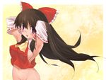  armpits arms_behind_head ascot bad_id bad_pixiv_id bottomless bow breasts brown_hair covered_nipples groin hair_bow hair_ribbon hair_tubes hakurei_reimu large_breasts long_hair navel no_bra out-of-frame_censoring purple_eyes ribbon sideboob solo touhou tsuderou upper_body 