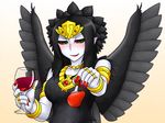  1girl alcohol armband bare_shoulders black_dress black_hair black_wings blush bracelet bust collarbone cup dress drink duel_monster emblem fabled_grimro feathers female fingernails food foreshortening fork fruit glass gradient gradient_background green_eyes holding jewelry long_fingernails long_hair looking_at_viewer lots_of_jewelry monster_girl nail_polish necklace pataniito pataryouto pointy_ears red_nails red_sclera ring rings smile standing strawberry tiara upper_body white_skin wine wine_glass wings yellow_background yu-gi-oh! yuu-gi-ou_duel_monsters 