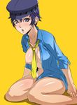  :o androgynous baanin bad_id bad_pixiv_id bangs blue_eyes blue_hair blush body_blush bottomless breast_slip breasts cabbie_hat covered_nipples dress_shirt embarrassed groin hat large_breasts legs looking_at_viewer nipples no_bra one_breast_out open_clothes open_shirt peaked_cap persona persona_4 puffy_nipples shadow shiny shiny_skin shirogane_naoto shirt short_hair simple_background sitting solo surprised thick_thighs thighs wariza 