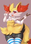  4_fingers anthro bodily_fluids braixen breasts cheek_tuft clothing female fingers genital_fluids hi_res holding_object inner_ear_fluff legwear mostly_nude nintendo nipples open_mouth pink_nipples pok&eacute;mon pok&eacute;mon_(species) pussy pussy_juice red_eyes solo stick stockings tuft video_games wolflong 