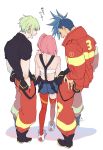  1girl 2boys age_progression aina_ardebit back blue_hair ckkm closed_eyes earrings galo_thymos green_hair jacket jewelry lio_fotia multiple_boys open_mouth pink_hair promare purple_eyes short_hair shorts side_ponytail smile spiked_hair suspenders thighhighs 