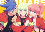  1girl 2boys aina_ardebit blonde_hair blue_eyes blue_hair copyright_name crossed_arms galo_thymos green_hair grin highres jacket lio_fotia midriff multiple_boys open_mouth pink_hair promare purple_eyes rew241 side_ponytail smile spiked_hair suspenders 