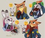  2019 ahiru621 anthro blowing_kiss canid canine clothed clothing covering_mouth dipstick_ears disney emoji female fox fur gesture gloves_(marking) green_eyes grin judy_hopps lagomorph leporid male mammal markings multicolored_ears multiple_positions nick_wilde one_eye_closed open_mouth pointing police_uniform purple_eyes rabbit simple_background smile uniform wink zootopia 