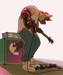  african_wild_dog amplifier amps anthro bass black_nose bottomwear brown_fur canid canine clothed clothing cords darius_davis digital_media_(artwork) fashion footwear frohawk fur grin guitar hair hi_res male mammal multicolored_fur muscular muscular_male musical_instrument pants pedals playing_bass rumaama shadow shoes simple_background smile sneakers solo topwear 