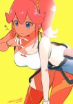  1girl aina_ardebit blue_eyes dated gloves highres midriff open_mouth pink_hair promare shorts side_ponytail signature solo suspenders sweat thighhighs umino_atari 