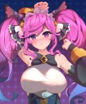  1girl :&lt; arm_behind_head armpit_peek artist_name bare_shoulders black_bow black_neckwear blue_background blue_hair blush bow bowtie breasts cleo_(dragalia_lost) commentary detached_sleeves dragalia_lost english_commentary gradient gradient_background gradient_hair hair_bow highres large_breasts looking_at_viewer maid_headdress multicolored_hair patterned_background purple_background purple_eyes purple_hair signature sleeve_cuffs solo twintails upper_body watermark yokura_(yukilina) 