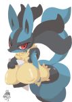  2019 anthro big_breasts blue_fur blush breasts canid canine female fur hi_res looking_at_viewer lucario mammal nintendo nyaswitchnya pok&eacute;mon pok&eacute;mon_(species) red_eyes simple_background smile solo video_games white_background 
