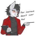  2019 5_fingers anthro black_hair black_nose canid canine clothed clothing dialogue english_text eyewear fingers foxmode glasses grey_fox hair mammal solo standing text urocyon 