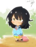  1girl :o andou_(girls_und_panzer) bag bangs black_hair blush brown_eyes bush chibi dark_skin dated girls_und_panzer jinguu_(4839ms) long_sleeves looki medium_hair open_mouth pleated_skirt signature skirt solo standing yellow_skirt younger 