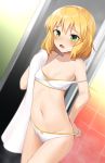  1girl bangs bare_arms blonde_hair blush bra breasts cameltoe copiz day dot_nose dripping dutch_angle eyebrows_visible_through_hair furrowed_eyebrows green_eyes highres holding holding_towel idolmaster idolmaster_cinderella_girls indoors midriff navel open_mouth panties panty_pull ribbon-trimmed_bra ribbon-trimmed_panties sakurai_momoka shiny shiny_skin short_hair shower_(place) small_breasts solo steam strap_slip teeth towel underwear wet white_bra white_panties window 