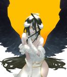  1girl ahoge albedo bare_shoulders black_hair black_wings breasts cleavage commentary_request demon_girl demon_horns demon_wings dress feathered_wings gloves hair_between_eyes horns large_breasts long_hair looking_at_viewer mi8pq open_mouth overlord_(maruyama) slit_pupils smile solo white_dress white_gloves wings yellow_eyes 