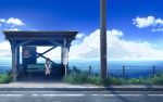  1girl bench black_legwear blue_sky bracelet brown_hair bus_stop cloud day fence fern jewelry kneehighs long_sleeves looking_away original outdoors plant road sakeharasu scenery short_hair sitting sky solo telephone_pole 