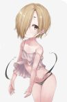  1girl arms_at_sides bare_arms bare_legs blonde_hair brown_eyes closed_mouth collarbone cowboy_shot ear_piercing grey_background groin hair_over_one_eye highres idolmaster idolmaster_cinderella_girls leaning_forward looking_at_viewer navel pale_skin panties parusu_(ehyfhugj) piercing raised_eyebrows shadow shirasaka_koume short_eyebrows short_hair simple_background solo standing strap_slip striped striped_panties tank_top tareme underwear white_tank_top wind wind_lift 