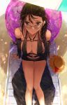  1girl bangs bare_shoulders beach beach_chair black_shorts black_swimsuit blush braid breasts brown_eyes brown_hair center_opening cleavage closed_mouth collarbone consort_yu_(fate) ear_piercing earrings fate/grand_order fate_(series) glasses hair_ornament hair_scrunchie hairclip hat heroic_spirit_chaldea_park_outfit innertube jewelry long_hair looking_at_viewer medium_breasts minami_leo multiple_earrings o-ring piercing revealing_clothes scrunchie shorts single_braid sitting smile solo straw_hat swimsuit thighs very_long_hair 