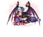  1girl aqua_hair breasts clawed_gauntlets cleavage_cutout demon demon_girl demon_horns demon_wings eyebrows_visible_through_hair garter_straps garters gauntlets gloves goat_horns gothic_lolita gradient_hair high_heels horn_ribbon horns kneeling lapis_(sennen_sensou_aigis) large_breasts leg_belt lolita_fashion looking_at_viewer multicolored_hair official_art one-eyed ribbon sennen_sensou_aigis skull spirit tassel thighhighs torn_wings twintails wings yellow_eyes 