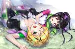  2girls absurdres akatsuki_kirika bangs black_hair blonde_hair blunt_bangs breasts cleavage green_eyes hair_ornament highres jacket leotard long_hair looking_at_viewer lying medium_breasts multiple_girls niyu_n_iyun on_back pants pink_eyes senki_zesshou_symphogear shiny shiny_hair shiny_skin short_hair small_breasts sweat towel track_jacket track_pants track_suit tsukuyomi_shirabe twintails x_hair_ornament zipper 