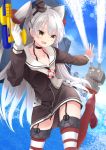  1girl :d absurdres amatsukaze_(kantai_collection) bangs black_choker black_hairband blue_sky blurry blurry_background blush brown_dress brown_eyes building choker cloud collarbone commentary_request date_(mamanonamaebot) day depth_of_field dress eyebrows_visible_through_hair fang gloves grey_hair grey_neckwear hair_between_eyes hair_tubes hairband highres holding kantai_collection lifebuoy long_hair long_sleeves open_mouth outdoors outstretched_arm red_footwear red_legwear rensouhou-kun rudder_footwear sailor_collar sailor_dress shoes short_dress sidelocks single_glove sky smile smokestack standing standing_on_one_leg striped striped_legwear thighhighs tilted_headwear two_side_up very_long_hair water water_gun white_gloves white_sailor_collar windsock 