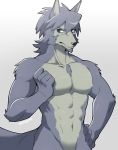  5_fingers abs anthro canid canine canis domestic_dog eyewear fingers glasses hand_on_hip husky kemo_nuko kemono male mammal mitsuhisa_aotsuki morenatsu muscular muscular_male navel nordic_sled_dog nude pecs solo spitz 