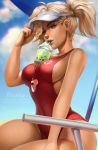  1girl artist_name blonde_hair blue_sky breasts bubble_tea bubble_tea_challenge cloud collarbone covered_navel cup day disposable_cup drinking drinking_straw eyebrows eyelashes glint hand_on_headwear highres large_breasts lifeguard looking_at_viewer mavoly medium_hair meme mercy_(overwatch) nose object_on_breast one-piece_swimsuit outdoors overwatch parted_lips pink_lips red_swimsuit sideboob signature sitting sky sleeveless smile solo summer swimsuit visor_cap watermark web_address whistle whistle_around_neck 