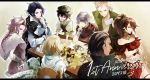  alfyn_(octopath_traveler) animal blonde_hair bracelet braid braided_ponytail brown_hair cloak cyrus_(octopath_traveler) dancer dress fringe_trim gloves green_eyes h&#039;aanit_(octopath_traveler) hair_over_one_eye hat highres jewelry linde_(octopath_traveler) long_hair multiple_boys multiple_girls necklace octopath_traveler okii olberic_eisenberg open_mouth ophilia_(octopath_traveler) ponytail primrose_azelhart scarf short_hair simple_background smile snow_leopard therion_(octopath_traveler) tressa_(octopath_traveler) white_hair 