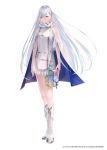  1girl arms_at_sides blue_eyes boots cloak copyright_request eyebrows_visible_through_hair full_body high_collar highres long_hair looking_at_viewer see-through skirt solo sousou_(sousouworks) thigh_pouch white_background white_hair 