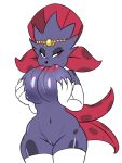  anthro areola armwear big_breasts breast_suck breasts clothing female hair hand_on_breast hi_res legwear mammal navel nintendo nipples pok&eacute;mon pok&eacute;mon_(species) pussy red_eyes red_hair seii3 self_suckle simple_background solo sucking video_games weavile white_background wide_hips 