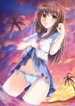  ass_visible_through_thighs bangs blue_panties blue_sailor_collar blue_skirt blush bow bow_panties breasts brown_eyes brown_hair cloud cloudy_sky commentary_request dutch_angle eyebrows_visible_through_hair groin hair_between_eyes highres lifted_by_self long_hair looking_at_viewer navel neckerchief original outdoors palm_tree panties parted_lips pleated_skirt purple_sky red_neckwear sailor_collar school_uniform serafuku shirt short_sleeves side-tie_panties skirt skirt_lift sky small_breasts tree umitonakai underwear very_long_hair wading wet white_shirt 