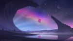  commentary cube desert english_commentary floating floating_object highres landscape mathias_leth night night_sky no_humans original reflection sky space star_(sky) starry_sky surreal twitter_username vaporwave wallpaper water 