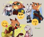  2019 ahiru621 anthro bodily_fluids canid canine clothed clothing dipstick_ears disney duo ears_down emoji female fox fur gesture gloves_(marking) green_eyes hawaiian_shirt judy_hopps lagomorph leporid male mammal markings multicolored_ears multiple_positions necktie nick_wilde pawpads pivoted_ears pointing police_uniform rabbit shirt simple_background smile sweat sweatdrop tongue tongue_out topwear uniform zootopia 