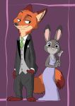  2019 anthro barefoot black_tie_(suit) canid canine claws clothing dipstick_ears dipstick_tail disney dress female fox fur hand_in_pocket inner_ear_fluff judy_hopps lagomorph leporid looking_at_viewer male mammal multicolored_ears multicolored_fur multicolored_tail nick_wilde pockets purple_eyes rabbit simple_background suit text toe_claws two_tone_fur ukabor zootopia 